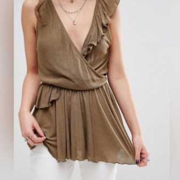 Free People Float Away Ruffle Tank Top Olive Green Size Medium - Picture 1 of 5